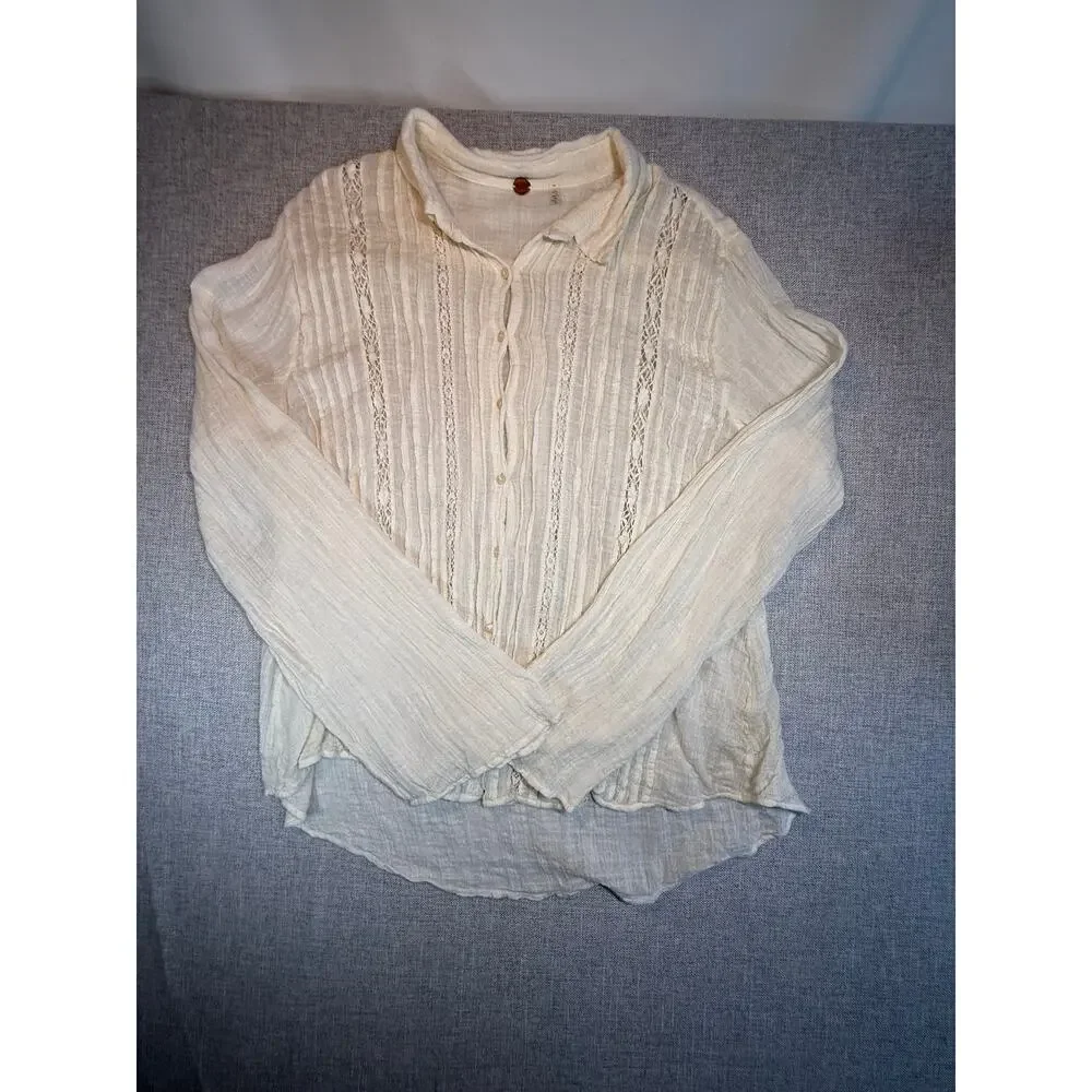 Free People XL Ivory Gauze Blouse Crochet Lace Pintuck Boho Button Up
